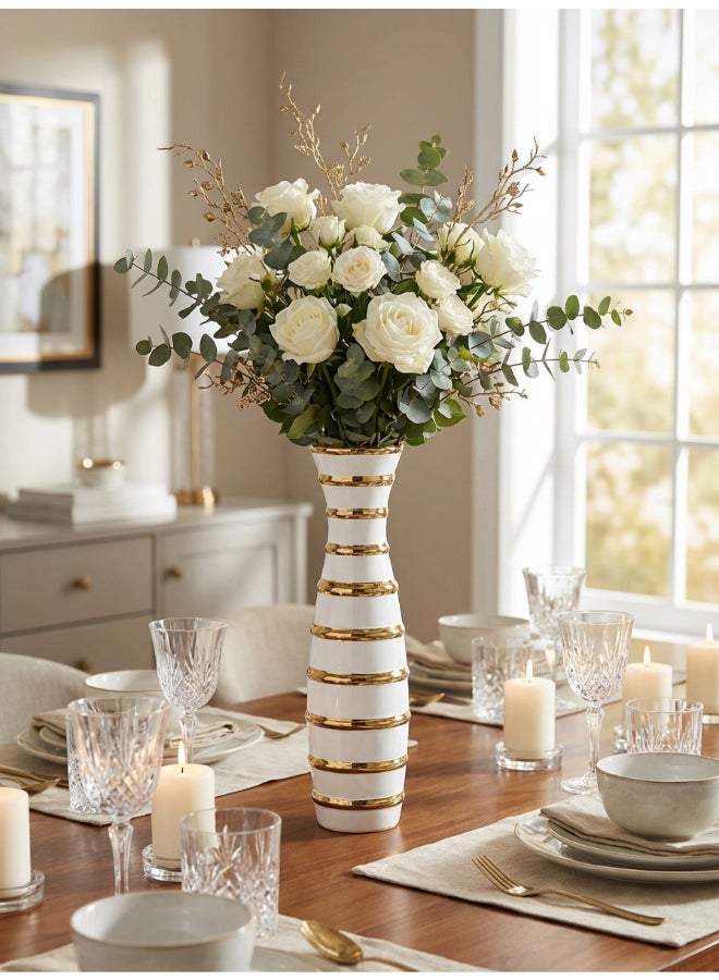 ايست من نون Ceramic Vase for Floral Decorative arrangement, Ht-44 cm |  Gold White Color | Ribbed Rays Design | Size -10.5x10.5x44 cm | Perfect for decorativing your living room, Ideal for decorating coffee table, dinning table, console table or any office or living space - Image 1